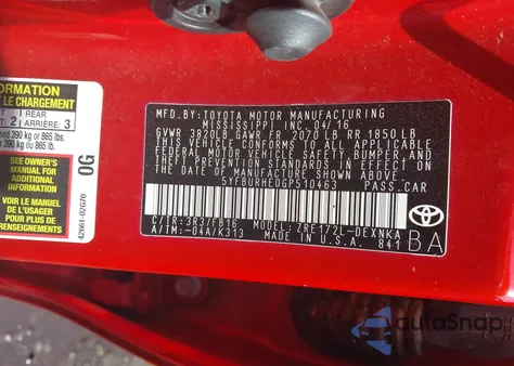 2016 Toyota Corolla Le из США, поврежденный, VIN 5YFBURHE0GP510463